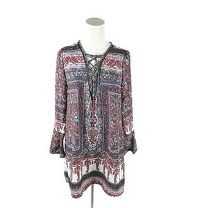 Altar’d State Multicolor Bohemian Lace-Up Mini Dress Long Sleeves S Bell Sleeves